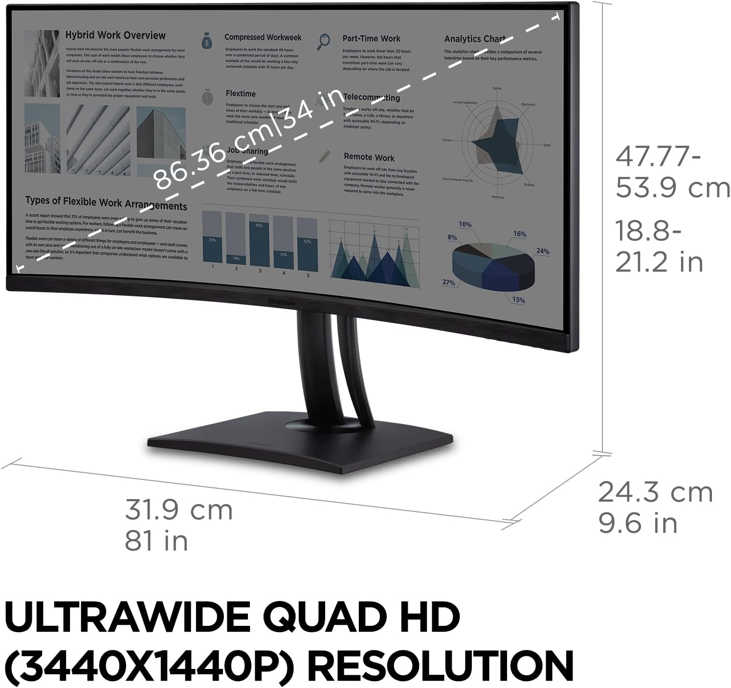 ViewSonic VP3456A 34 Inch 1440p Ultrawide ColorPro Monitor, Curved Display with 100% sRGB and Pantone Validated for Professional Graphic Design, Advanced Ergonomics, 100W USB-C, HDMI, and DP Inputs