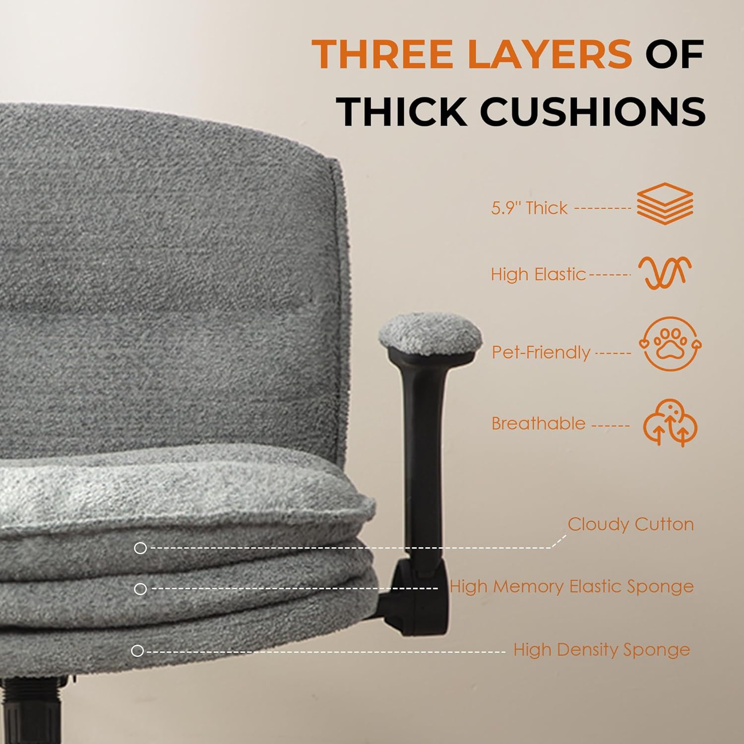 Dowinx Criss Cross Chair with Adjustable Flip-up Arms and Wheels, Comfort Ergonomic Office Desk Armchair with 3 Layer Cushions, Wide Seat Vanity Chair for Home Office, Living Room, Bedroom, Gray