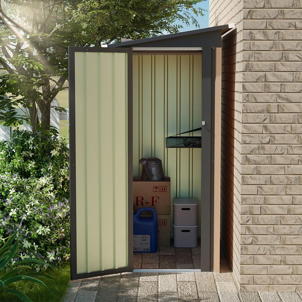 5×3 FT Metal Outdoor Lean-to Storage Shed, Galvanized Steel Garden Tool Shed with Sloping Roof, Lockable Door, Weather-Resistant Backyard Storage for Trash Cans, Bikes & Patio Equipment