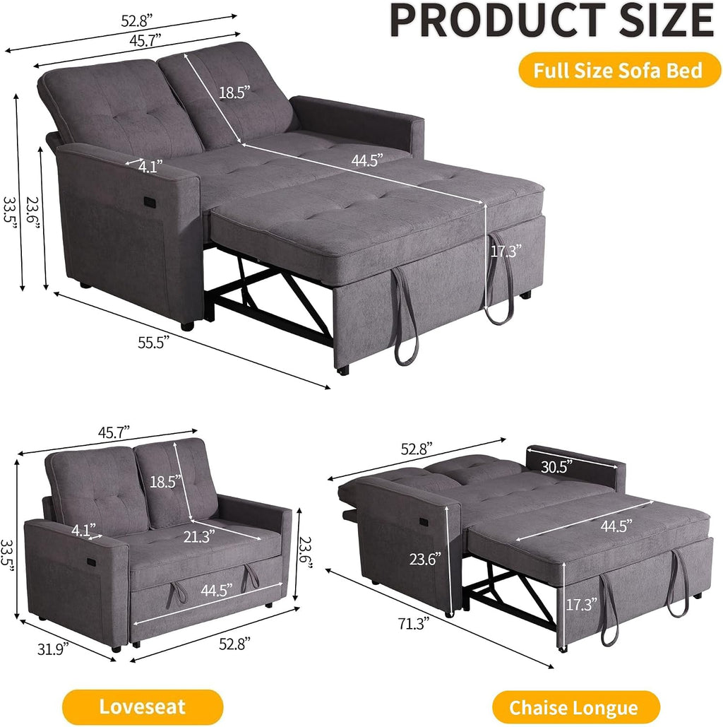 EJUNQ Pull Out Couch, Convertible Sofa Bed with USB and Reclining Backrest, Modern 3 in 1 Sleeper Sofa Couch Bed with Side Pockets, Comfortable Loveseat Sleeper for Small Spaces.((Gray)