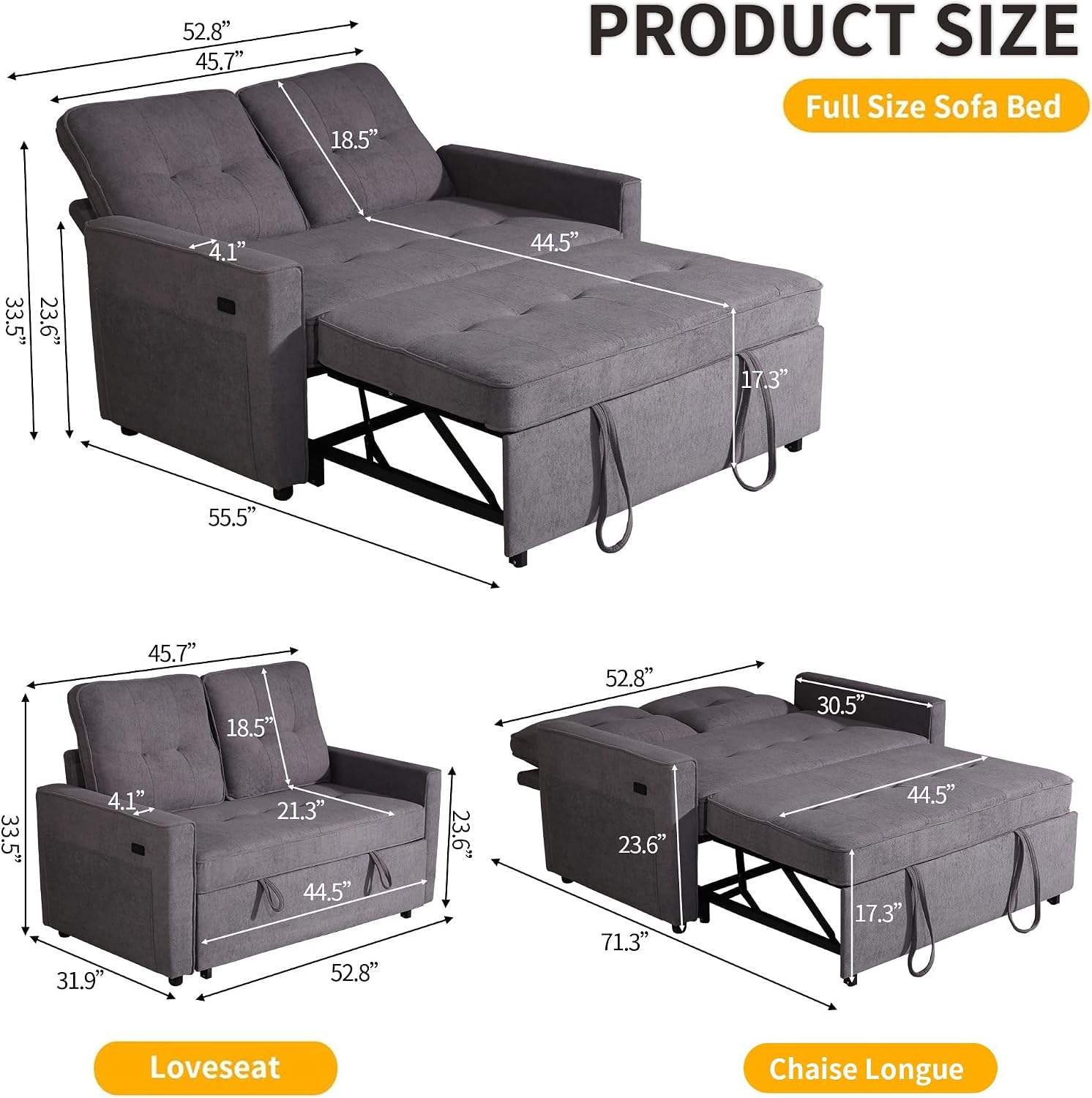 EJUNQ Pull Out Couch, Convertible Sofa Bed with USB and Reclining Backrest, Modern 3 in 1 Sleeper Sofa Couch Bed with Side Pockets, Comfortable Loveseat Sleeper for Small Spaces.((Gray)