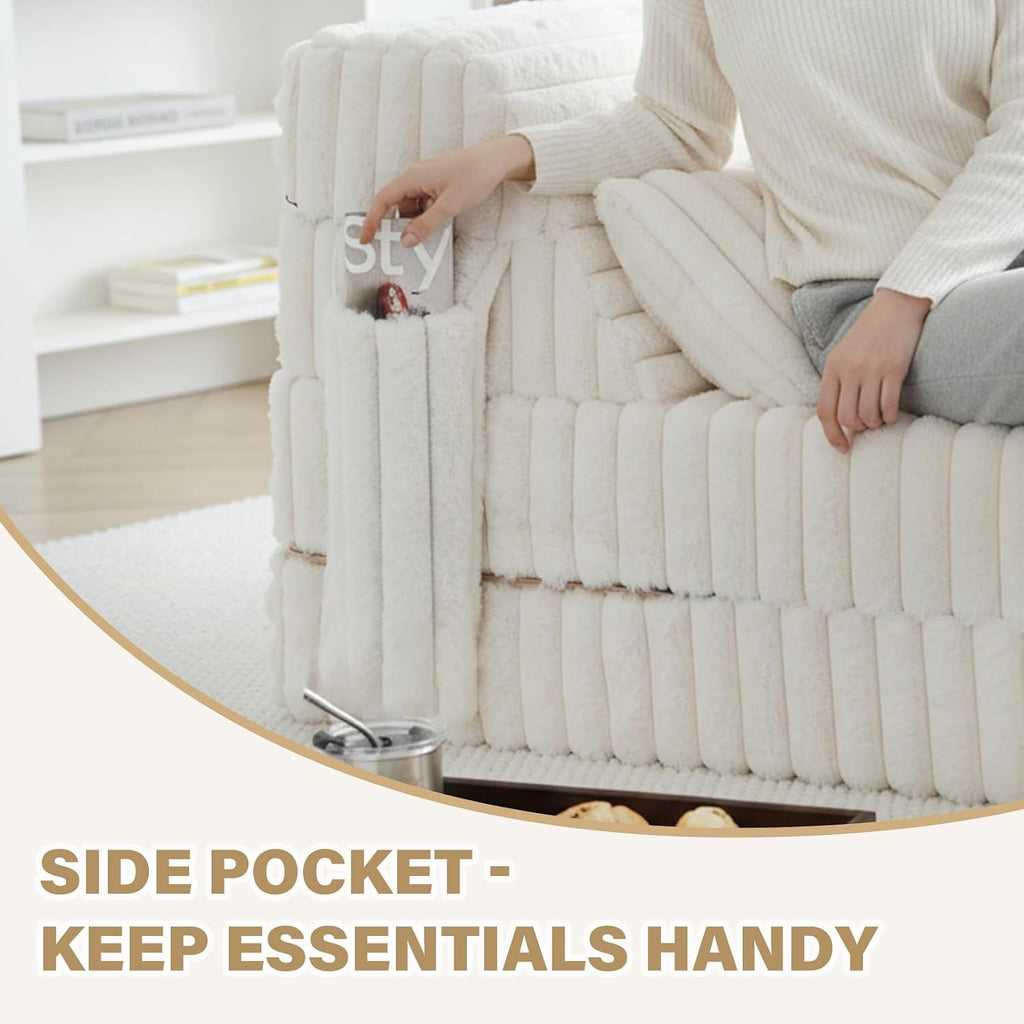 Tiita Folding Sofa Bed Twin Size, Convertible Sleeper Chair Mattress with Pillow, Thick Corduroy Floor Mattress Couch Bed with Side Pocket, Guest Room, Dorm, Apartment, Beige