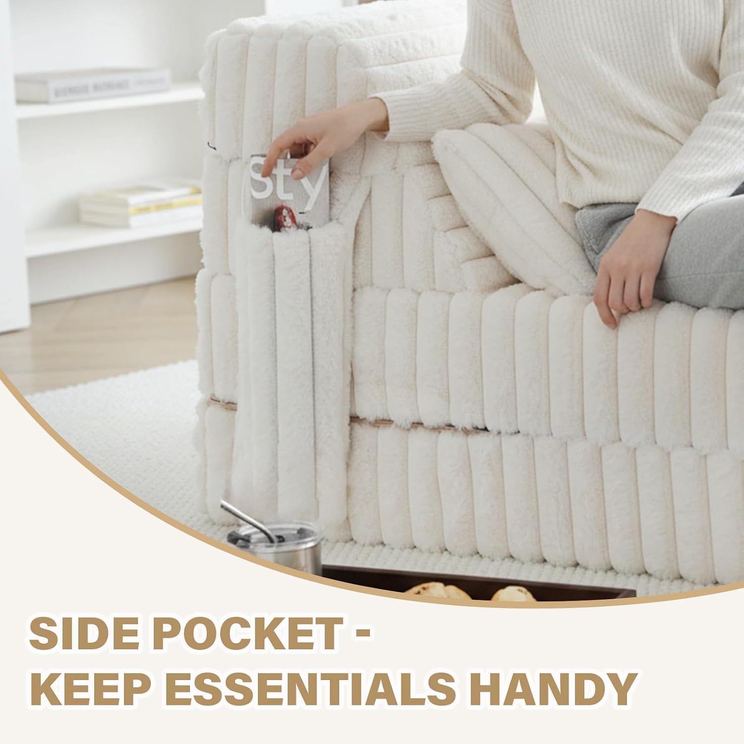 Tiita Folding Sofa Bed Twin Size, Convertible Sleeper Chair Mattress with Pillow, Thick Corduroy Floor Mattress Couch Bed with Side Pocket, Guest Room, Dorm, Apartment, Beige