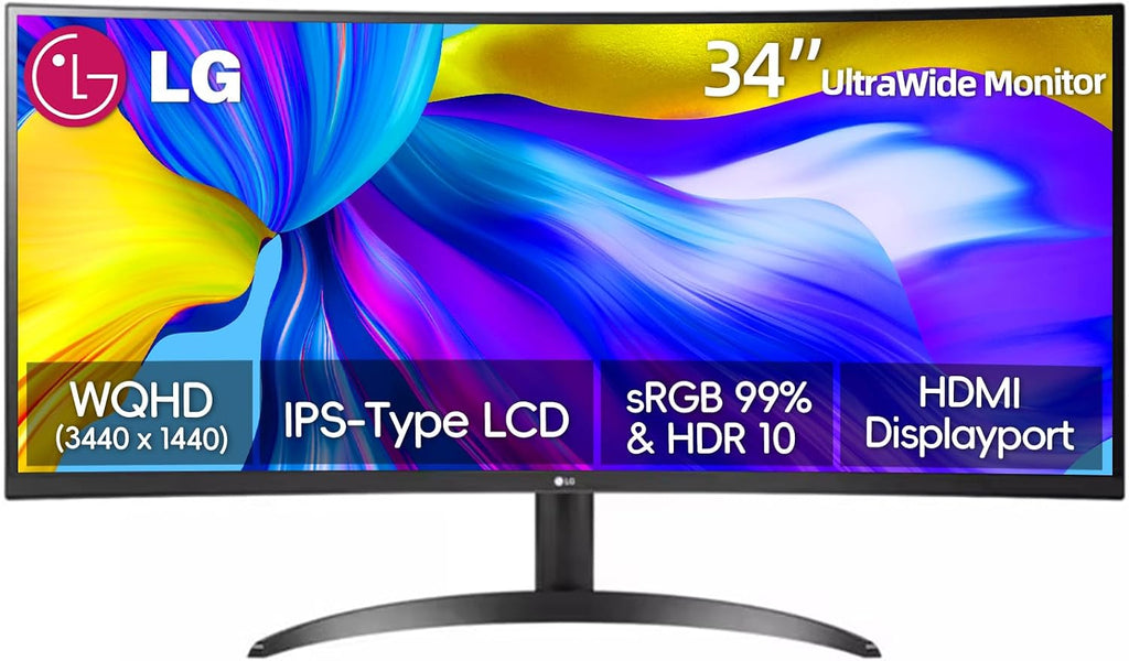 LG 34 Inch Curved UltraWide Monitor, IPS Display, QHD(3440x1440), Dynamic Action Sync, HDR10, sRGB 99%, OnScreen Control, Dual Controller, Multitasking and Content Creation, DisplayPort & HDMI, Tilt