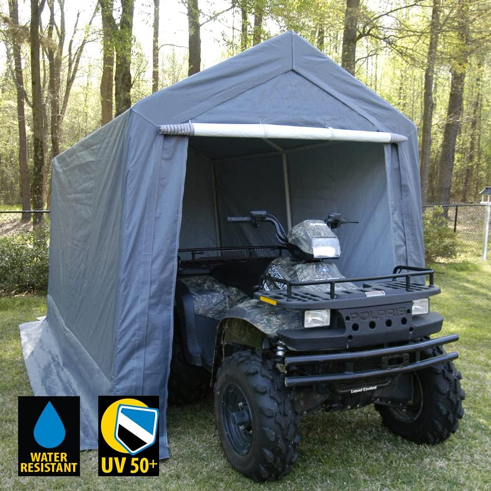 King Canopy Storage Shed 7-Ft by 12-Ft, 1.5-in Steel Frame, Enclosed w/roll-up Zipper Door, 185 GSM PE Cover, 6-Leg, Outdoor, Carport, Bicycle, Motorcycle, ATV, Gardening, Patio, Grey, G0712