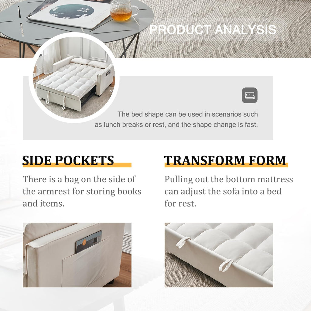 3-in-1 Convertible Sleeper Sofa Bed, Premium Velvet Pull Out Loveseat with Storage Pocket and 2 Pillows, Modern Tufted Couch for Small Spaces, Apartment, Office, Guest Room, Cream