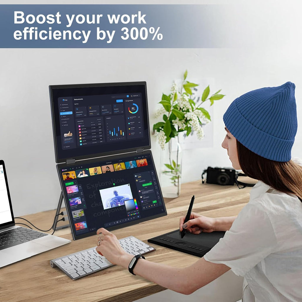 InnoView Dual Portable Monitor 15.6' 1920x1080 Dual Stacked Foldable Monitor | 315° Screen Adjustment | USB-C/HDMI Dual Screen Monitor for Laptop, Mac, Windows