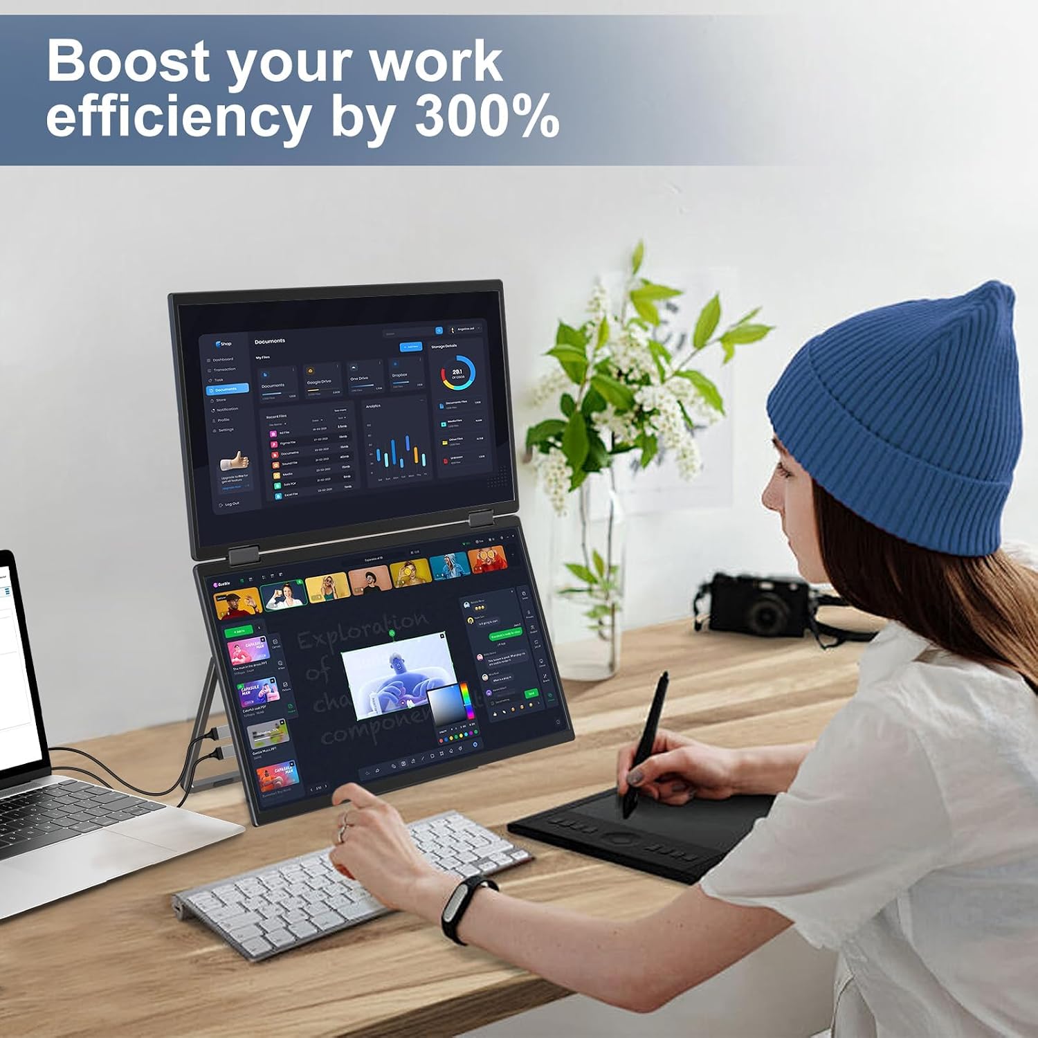 InnoView Dual Portable Monitor 15.6' 1920x1080 Dual Stacked Foldable Monitor | 315° Screen Adjustment | USB-C/HDMI Dual Screen Monitor for Laptop, Mac, Windows