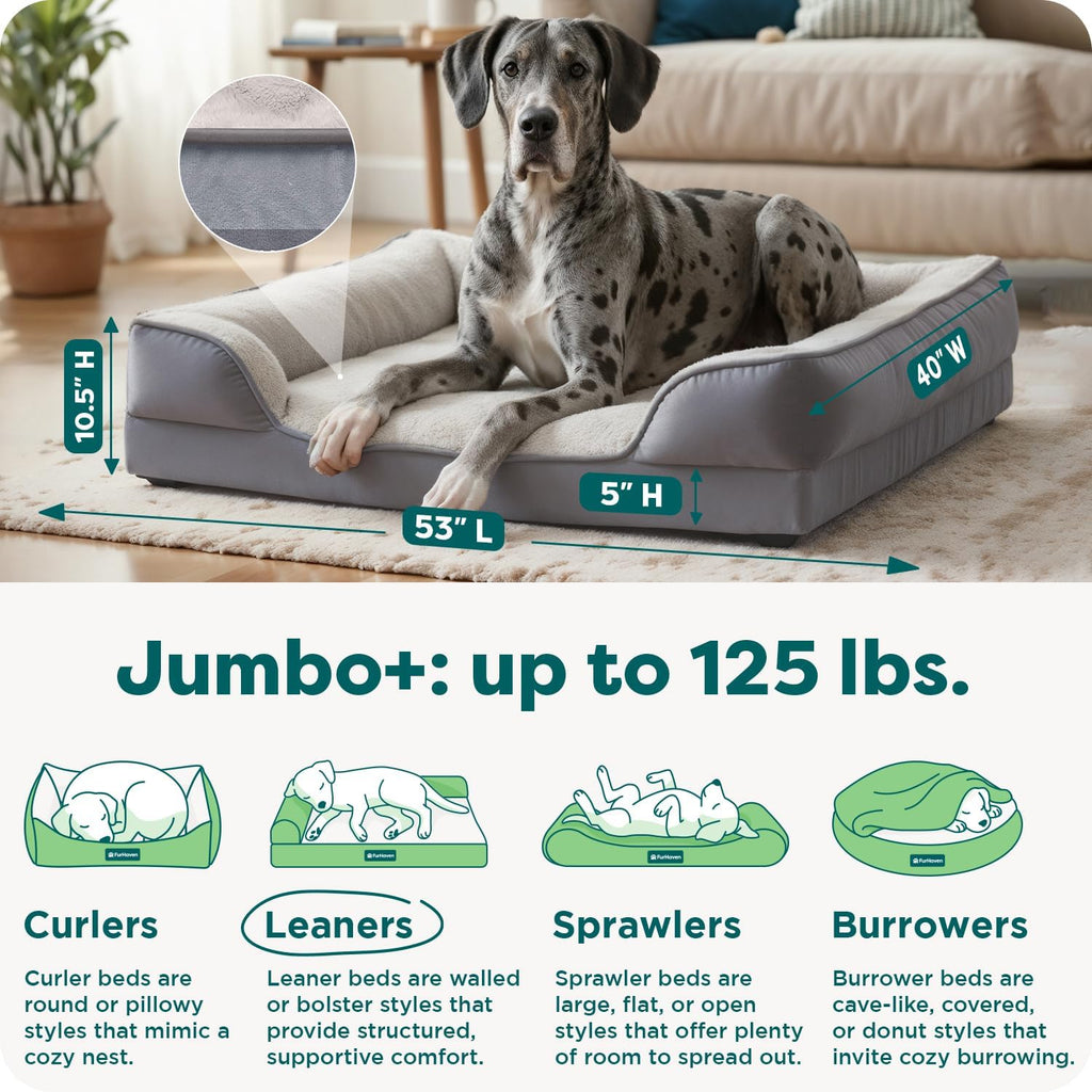 FurHaven Cooling Gel Dog Bed for Large Dogs, Perfect Comfort Sofa Bed with Cool Gel-Top Foam with a Solid Orthopedic Foam Base, Removable Washable Cover, Jumbo Plus XXL, Plush & Velvet, Granite Gray.