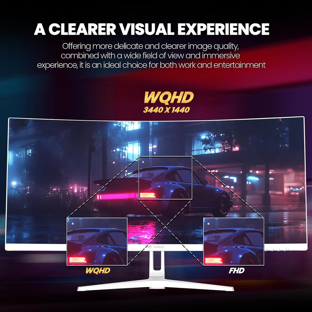 CRUA 34' Curved Gaming Monitor, WQHD 3440x1440, 120Hz Computer Monitors, 1500R VA Screen, 120% sRGB, AMD FreeSync, Blue Light Filter, HDMI 2.0 & DP 1.4, Wall Mountable Installs- White