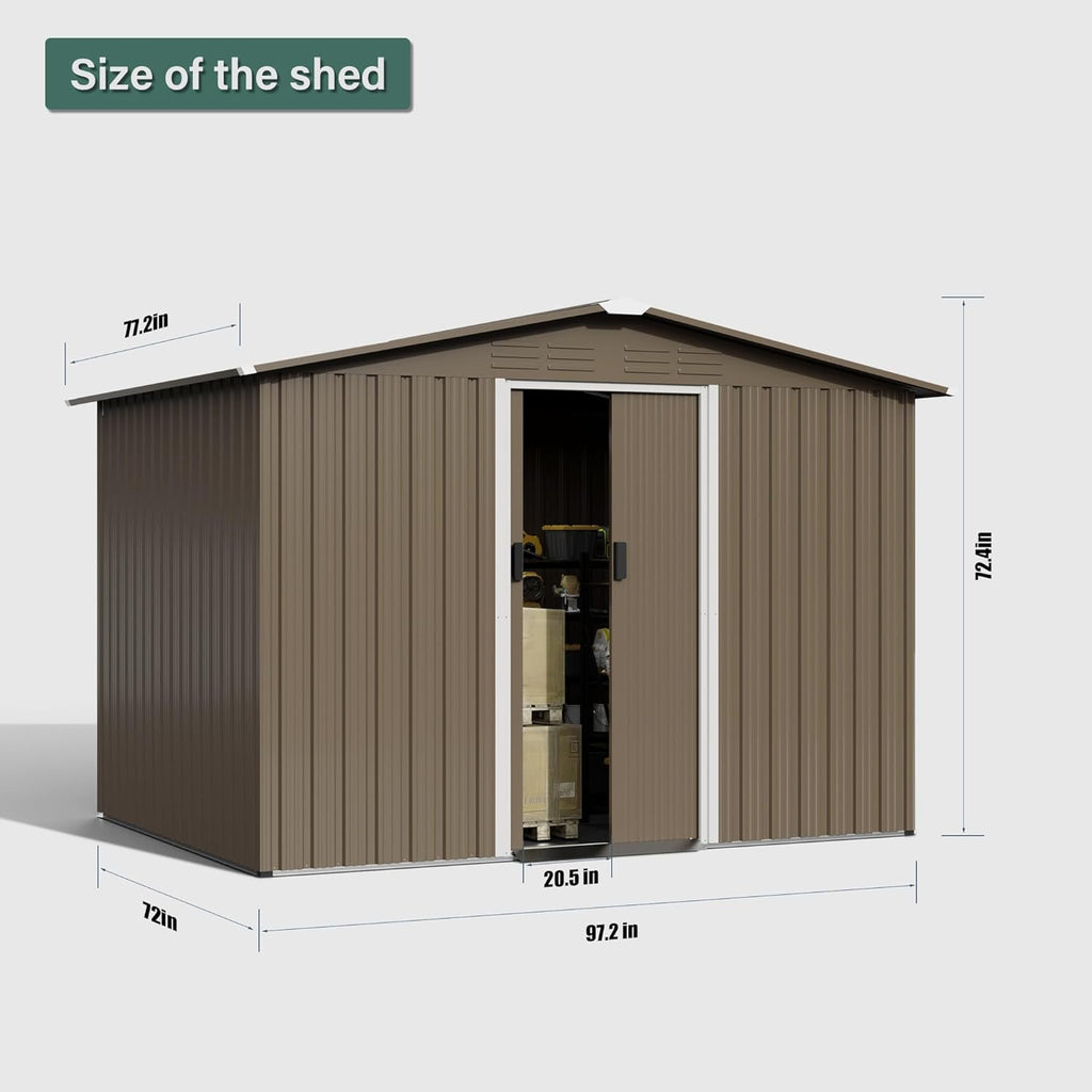 8FT x 6FT Outdoor Storage Shed,Waterproof Lockable Door Metal Tool Shed with Sliding Door and Air Vents,Storage House for Gardening Tools,Metal Storage Shed for Garden,Backyard,Lawn