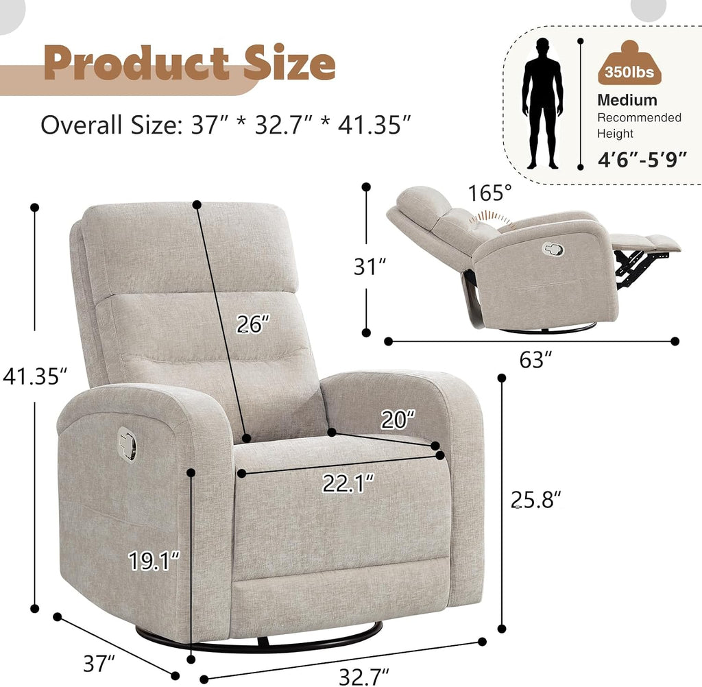 Swivel Rocker Recliner, 360° Swivel Nursery Glider Recliner, Rocking Recliner Chairs with Pockets and Large Arms for Living Room, Manual Chenille Camel