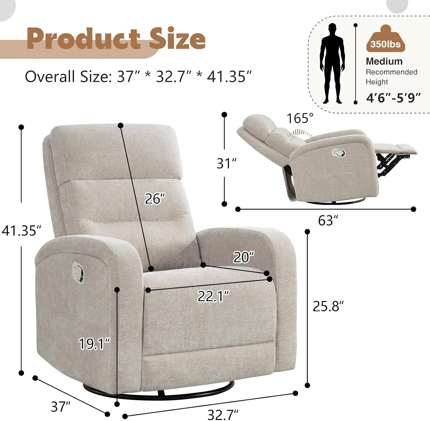 Swivel Rocker Recliner, 360° Swivel Nursery Glider Recliner, Rocking Recliner Chairs with Pockets and Large Arms for Living Room, Manual Chenille Camel