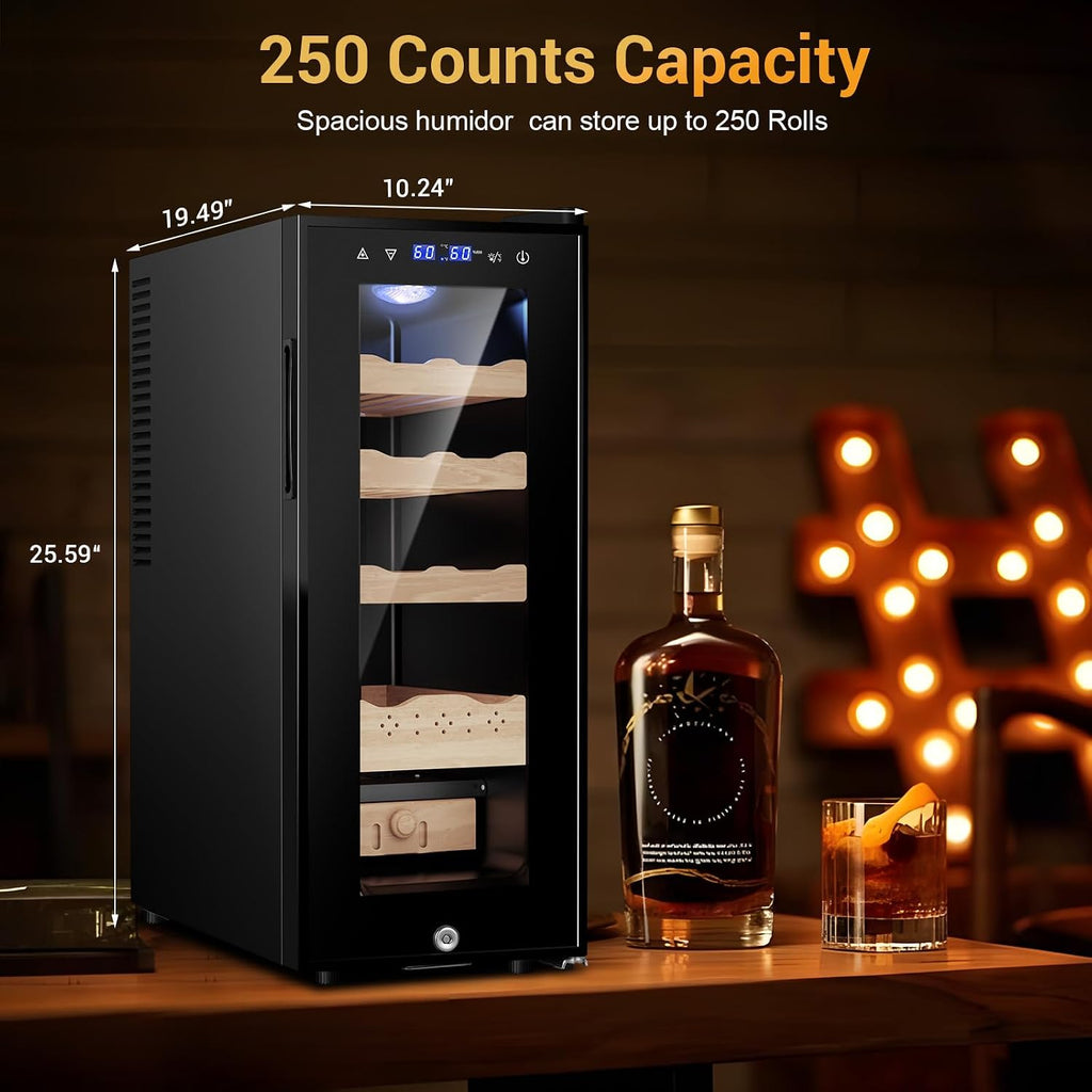 35L Electric Humidor Cabinet–200~250 Count Large Capacity Electric Humidor| Thermostatic Cooling with Spanish Cedar Wood Shelves, Digital LED Screen & Safety Lock |Gift for Men