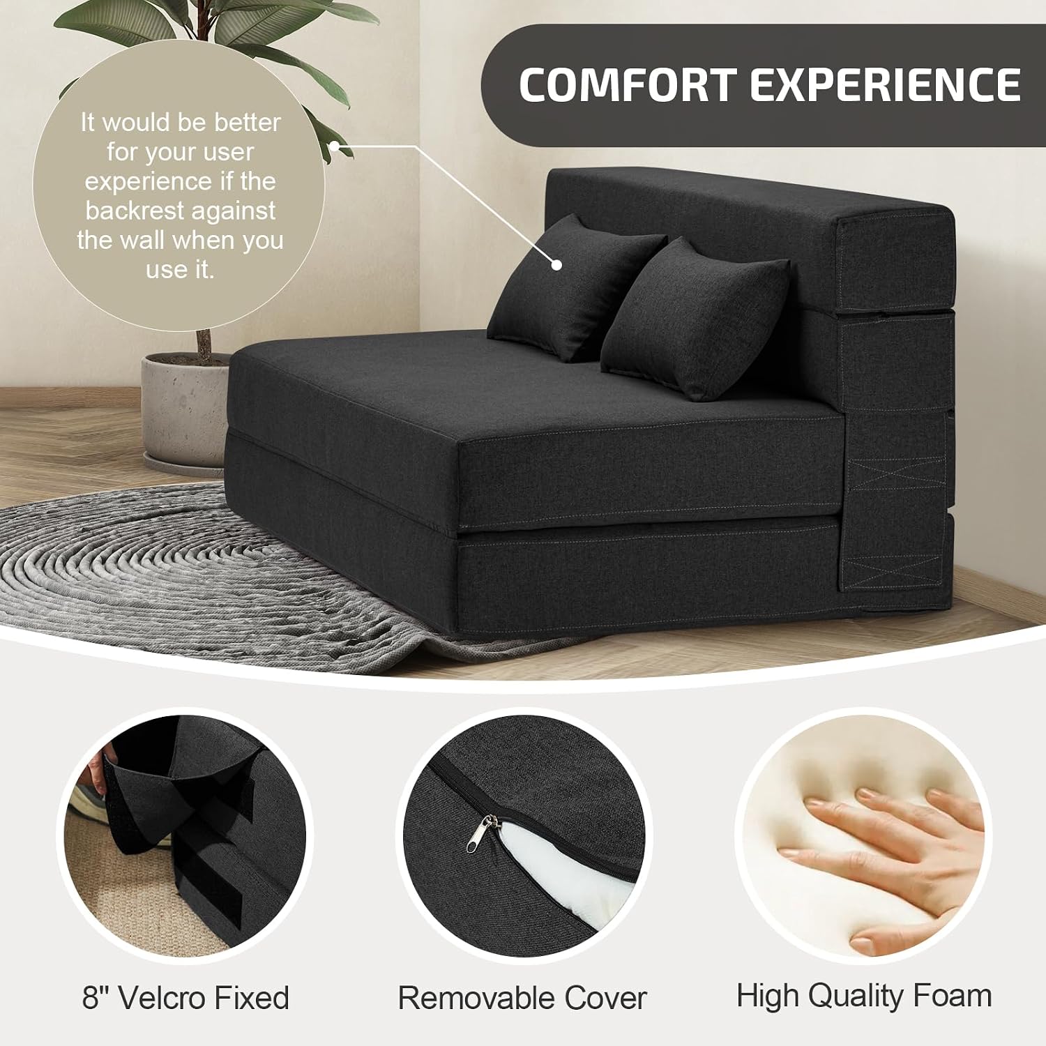 SUYOLS Folding Sofa Bed with Pillows- Convertible Chair Floor Couch & Sleeping Mattress, Foldable Memory Foam Sleeper for Living Room/Dorm/Guest Room/Home Office/Apartment/Loft, Full, Dark Gray