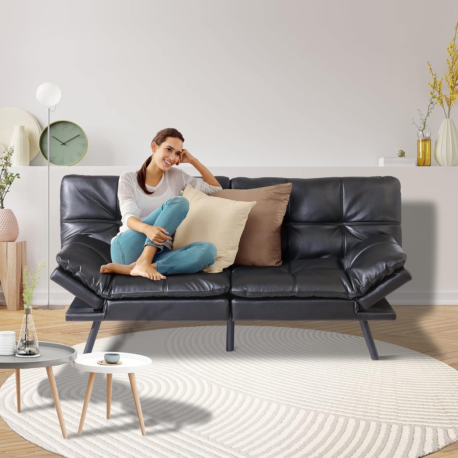 Black Faux Leather Futon Convertible Couch Bed Folding Memory Foam Sleeper Loveseat Adjustable Lounge Futon Sets Sofabed for Living Room,Apartment,Dorm,Office