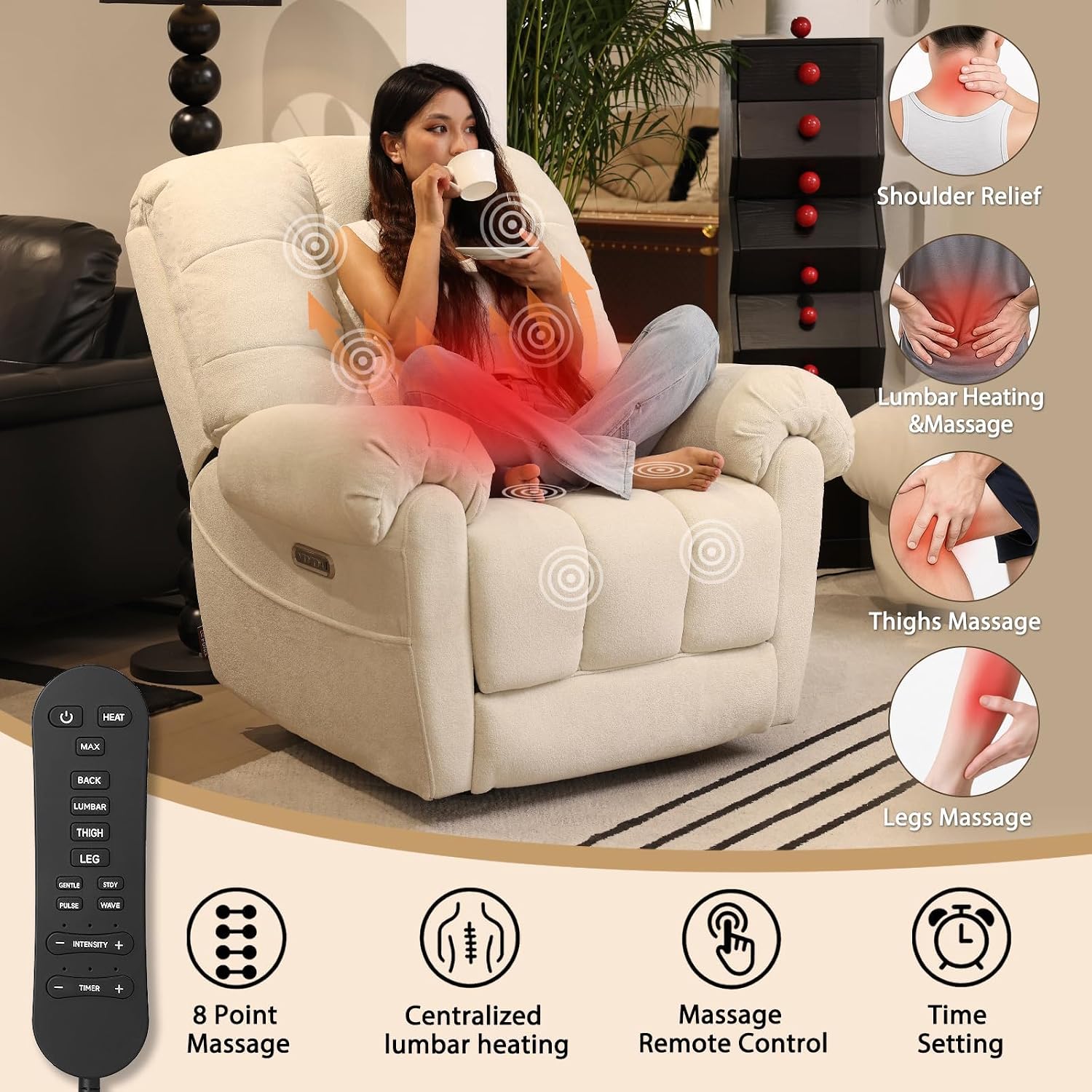 EONIX Mordern Massage Rocker Recliner Chair, Dual Motor Power Rocking Recliners for Small Spaces, Lazy Boy Recliner Chair with Heat and Massage for Living Room, Bedroom, Study, Pearl White