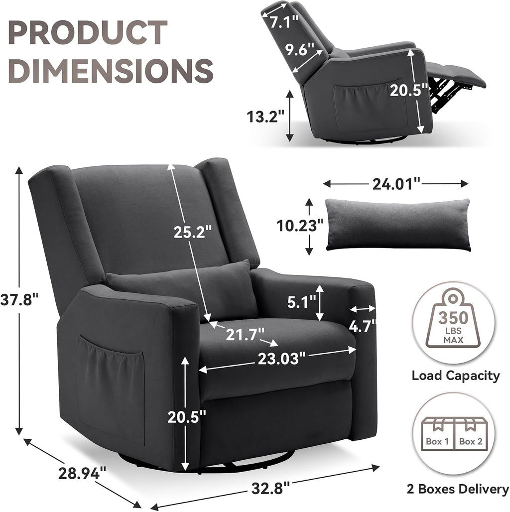 Tbfit Nursery Rocking Chair, 360° Swivel Recliner Chair with Lumbar Support for Bedroom, Comfy Upholstered Armchair with Pillows & Footrest for Living Room & Baby Room