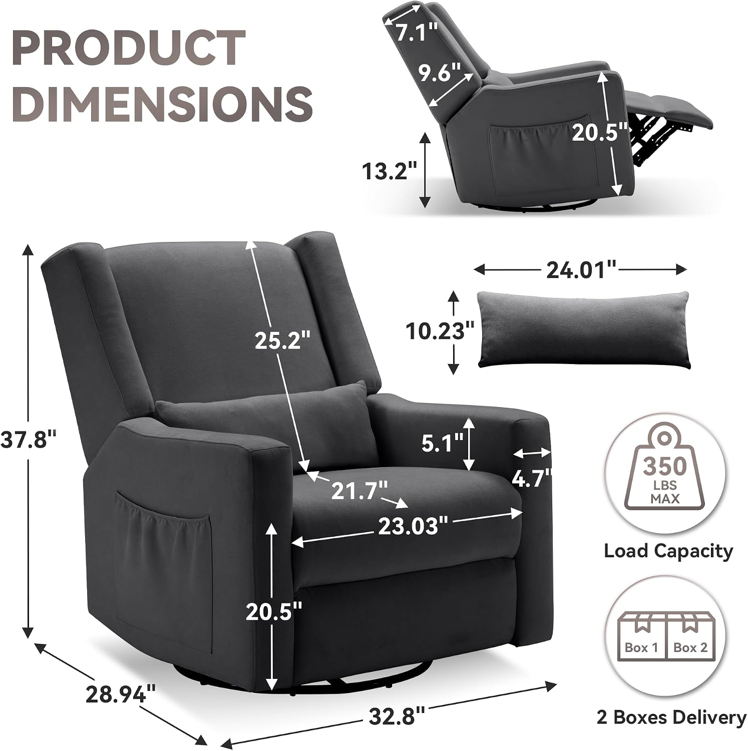 Tbfit Nursery Rocking Chair, 360° Swivel Recliner Chair with Lumbar Support for Bedroom, Comfy Upholstered Armchair with Pillows & Footrest for Living Room & Baby Room
