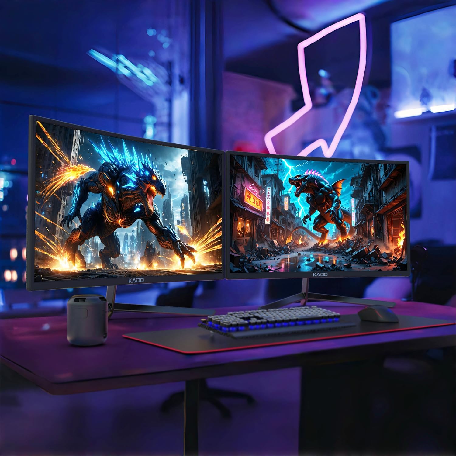 Kado Dual Gaming Monitor Setup - 2-Pack 24' 180Hz 1ms Curved 1500R 1920x1080, AMD FreeSync Premium, Panoramic Gaming Multi-View Split Screen Streaming, VESA Mount HDMI DisplayPort Built-in Speakers