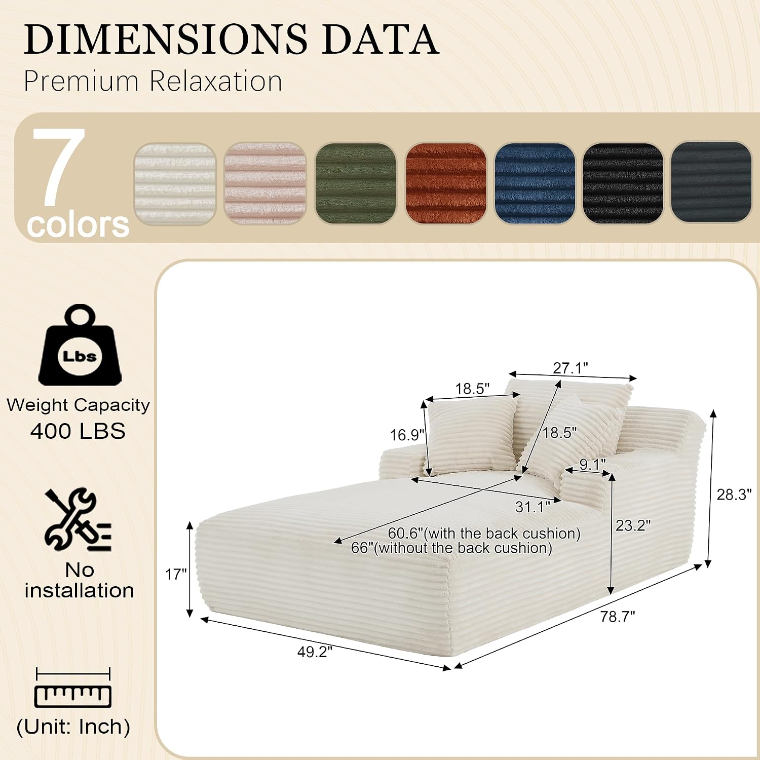 80 Inch Chaise Lounge Chair Indoor, Oversized Corduroy Upholstered Boneless Sofa Bed, Deep Seat Sleeper Couch Reading Chairs, Cloud Sofas Couches for Living Room, No Assembly Required (Beige)