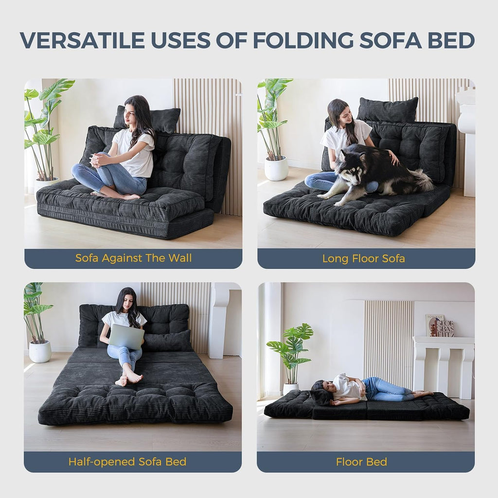 MAXYOYO Folding Sofa Bed, Tufted Bean Bag Bed with Pillows Floor Mattress for Adults, Extra Thick and Long Floor Sofa, Twin Couch for Bedroom Living Room, Black, 39x91 Inch
