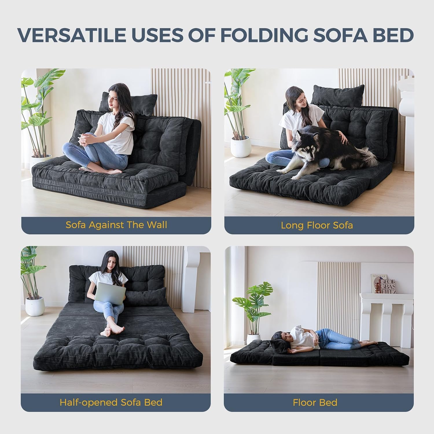 MAXYOYO Folding Sofa Bed, Tufted Bean Bag Bed with Pillows Floor Mattress for Adults, Extra Thick and Long Floor Sofa, Twin Couch for Bedroom Living Room, Black, 39x91 Inch