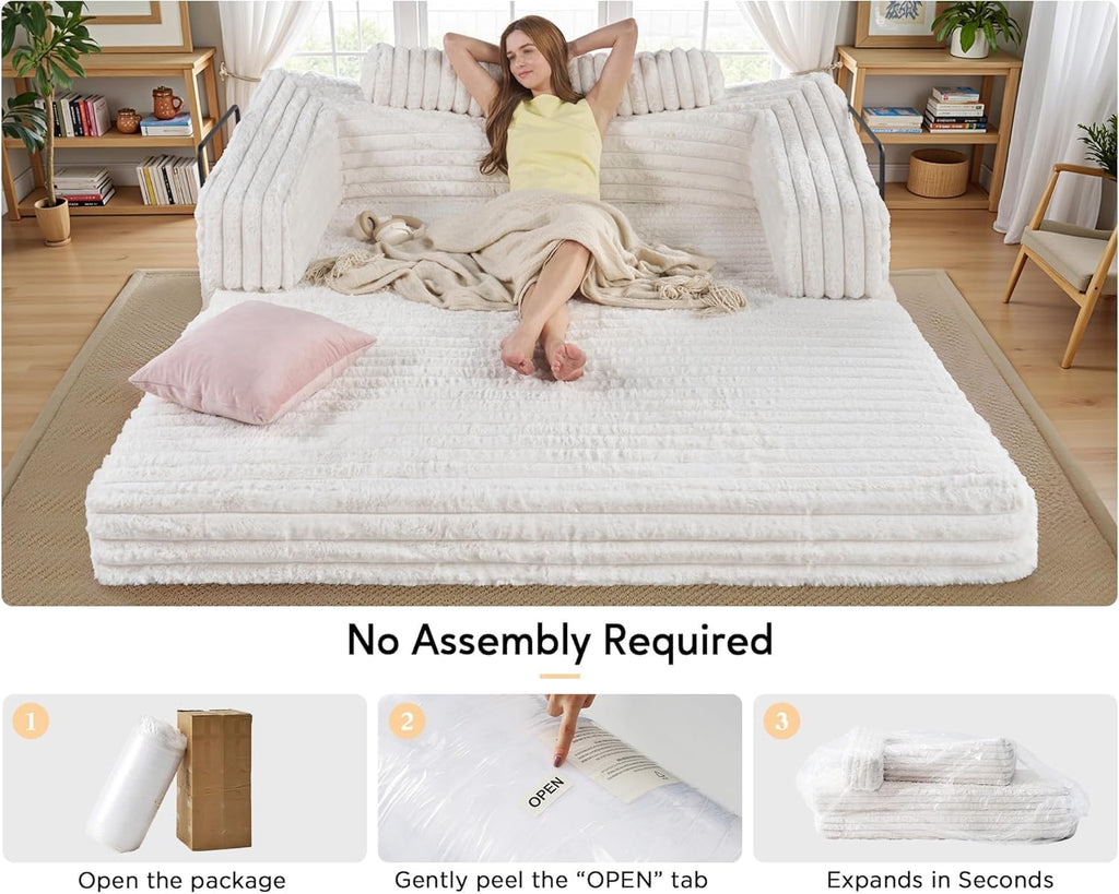 VanAcc Futon Sofa Bed, Convertible Futon Couch with Plush Faux Fur, No Assembly Mattress Futon Sofa for Living Room, Apartment, Bedroom, White