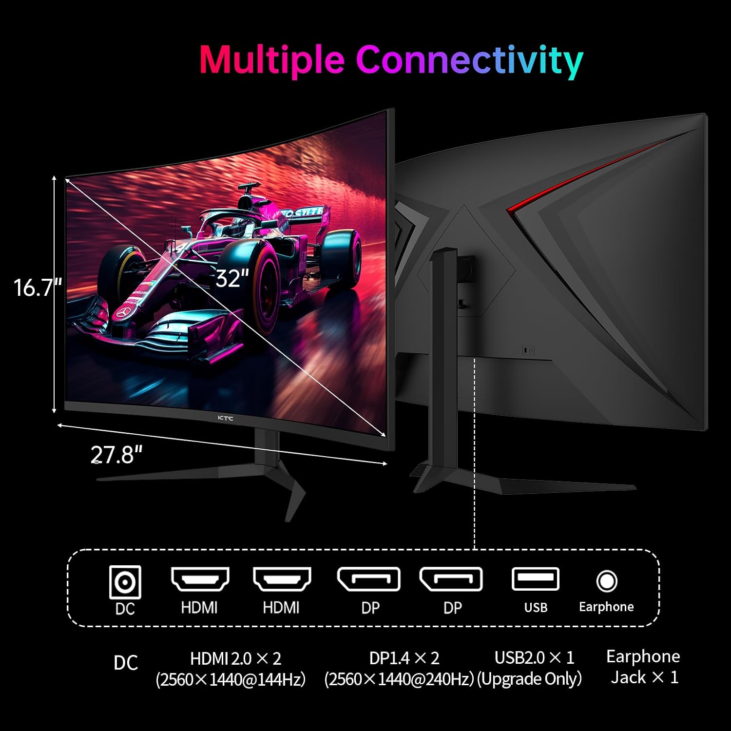 KTC 32 Inch 240Hz Curved Gaming Monitor, 2K 1440P Computer PC Monitor with 1000R 1ms Frameless, Adaptive Sync,122% sRGB, HDMI, DisplayPort, Tilt Adjustable, H32S25E