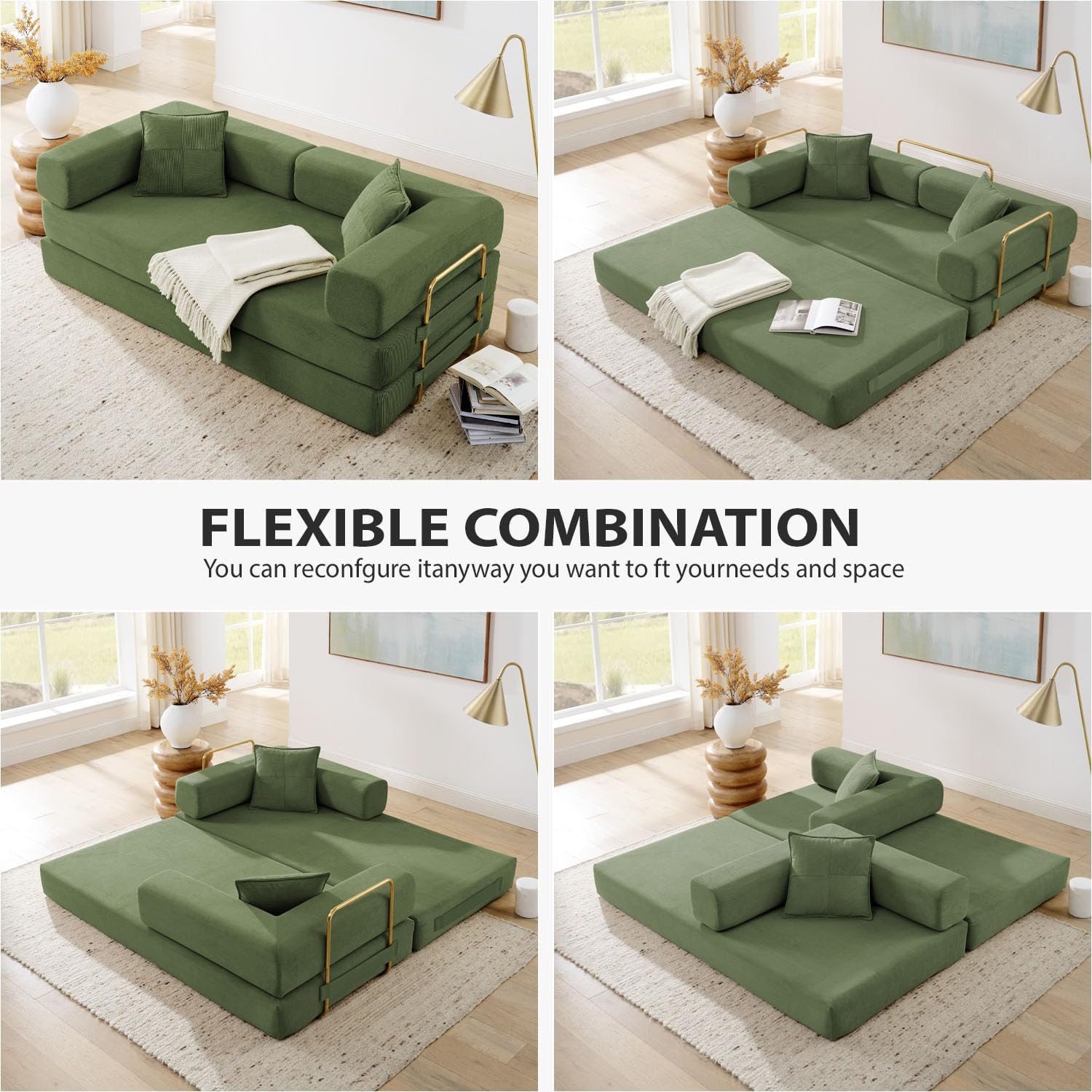 HANXIN 78 Inch Convertible Sleeper Sofa Bed, Folding Floor Mattress Couch with Fixed-Shape Frame, Futon Boneless Couch Lounge Loveseat with Pull Out Bed, No Assembly Required (Green)