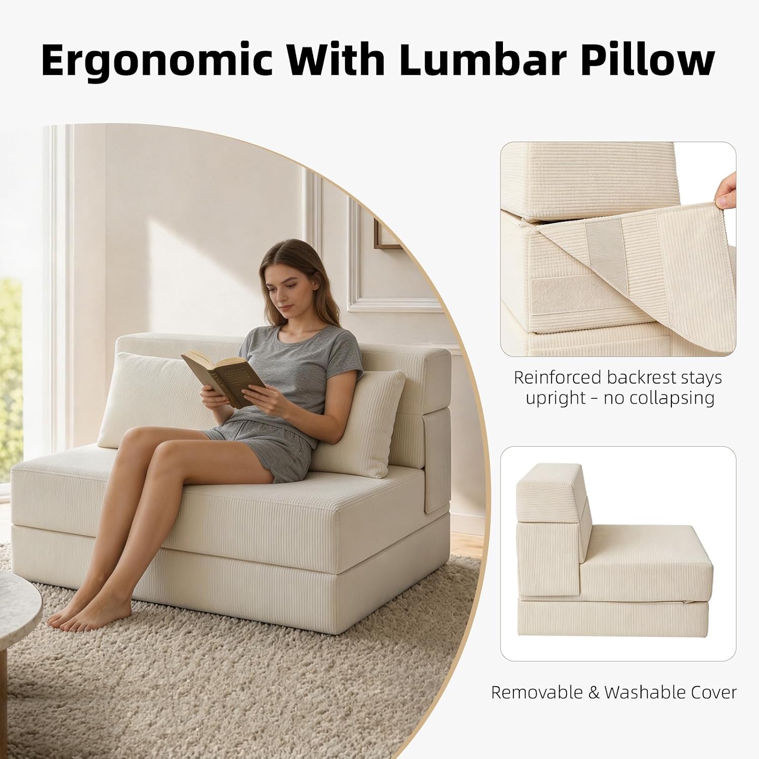 Folding Sofa Bed,Convertible Sleeper Chair with Pillow, Loveseat Fold Out Chair Bed, Memory Foam Floor Couch Mattress, Foldable Futon Couch Lounge for Living Room (Beige-Corduroy, Twin XL)
