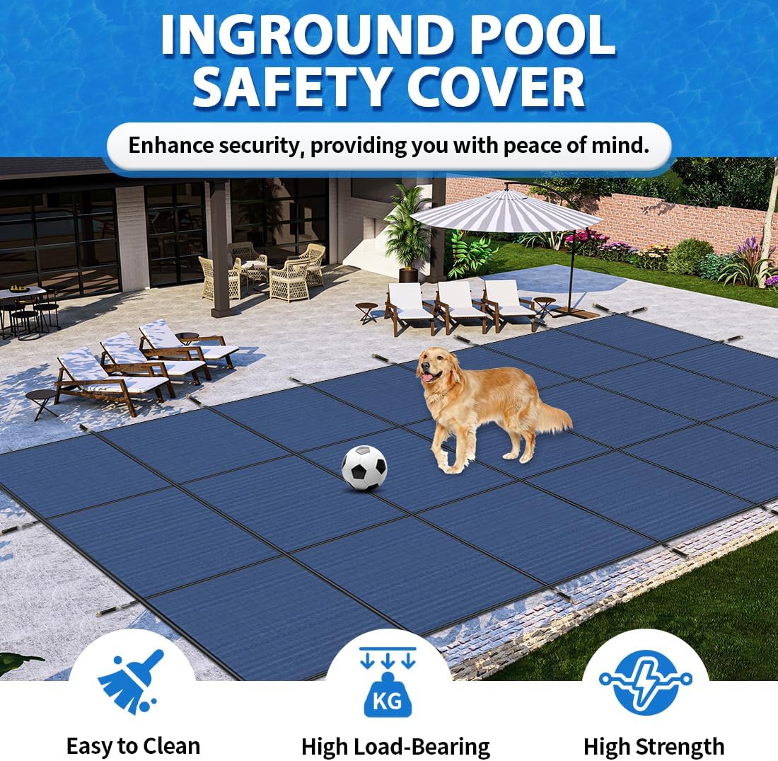 iCOVER Inground Pool Safety Cover, 16x32ft Rectangle Winter Safety Pool Cover for Inground Swimming Pools, Winter Pool Cover, Pool Covers for Inground Pools, Triple Stitched for High Strength, Blue