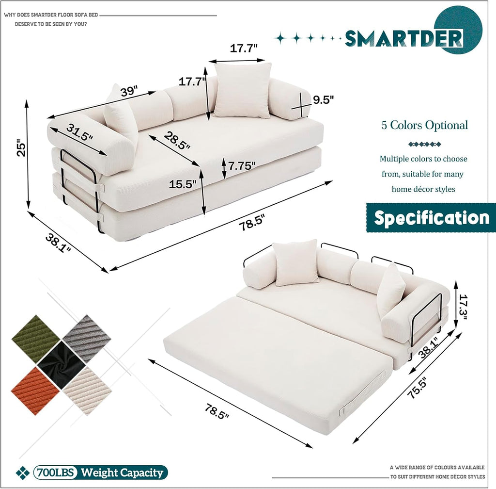Convertible Folding Sofa Bed, Modular Floor Sofa with Removable Backrest, 3-Seater Fold Out Couch Bed with Pillows, King Size Futon Lazy Couch Corduroy Sleeper for Living Room, Dorm, Beige