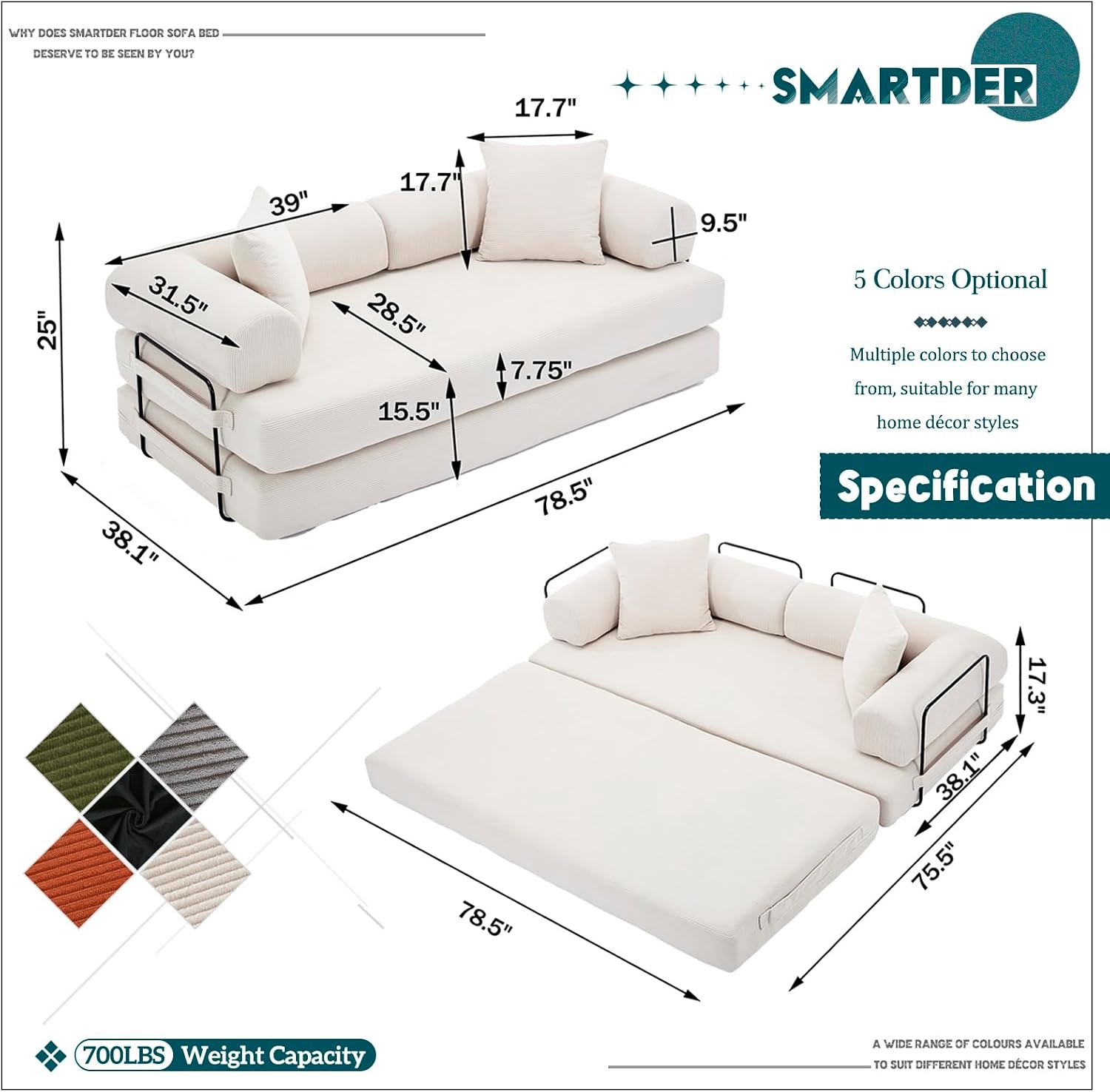 Convertible Folding Sofa Bed, Modular Floor Sofa with Removable Backrest, 3-Seater Fold Out Couch Bed with Pillows, King Size Futon Lazy Couch Corduroy Sleeper for Living Room, Dorm, Beige