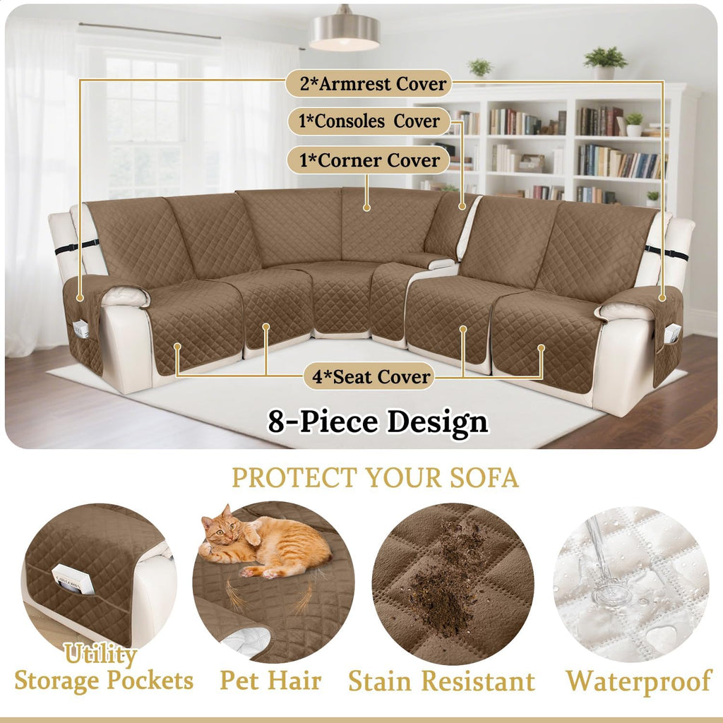 HDCAXKJ 100% Waterproof Recliner Sectional Couch Covers X-Large L Shaped Corner Reclining Sofa Cover Thick Non Slip Sectional Slipcover with Pockets (XL 5 Seat and 1 Middle Console, Light Brown)