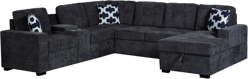 Ball & Cast L-Shape Convertible Sectional Sleeper Sofa Bed 2 in 1 Pull Out Couch with Storage Chaise & Cup Holders,6 Seat Chenille Upholstered Reversible Sleeper Corner Couch for Living Room,Dark Gray