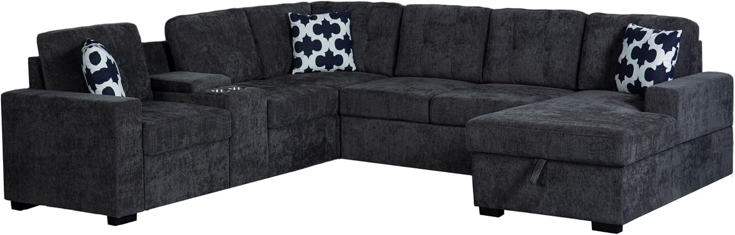 Ball & Cast L-Shape Convertible Sectional Sleeper Sofa Bed 2 in 1 Pull Out Couch with Storage Chaise & Cup Holders,6 Seat Chenille Upholstered Reversible Sleeper Corner Couch for Living Room,Dark Gray