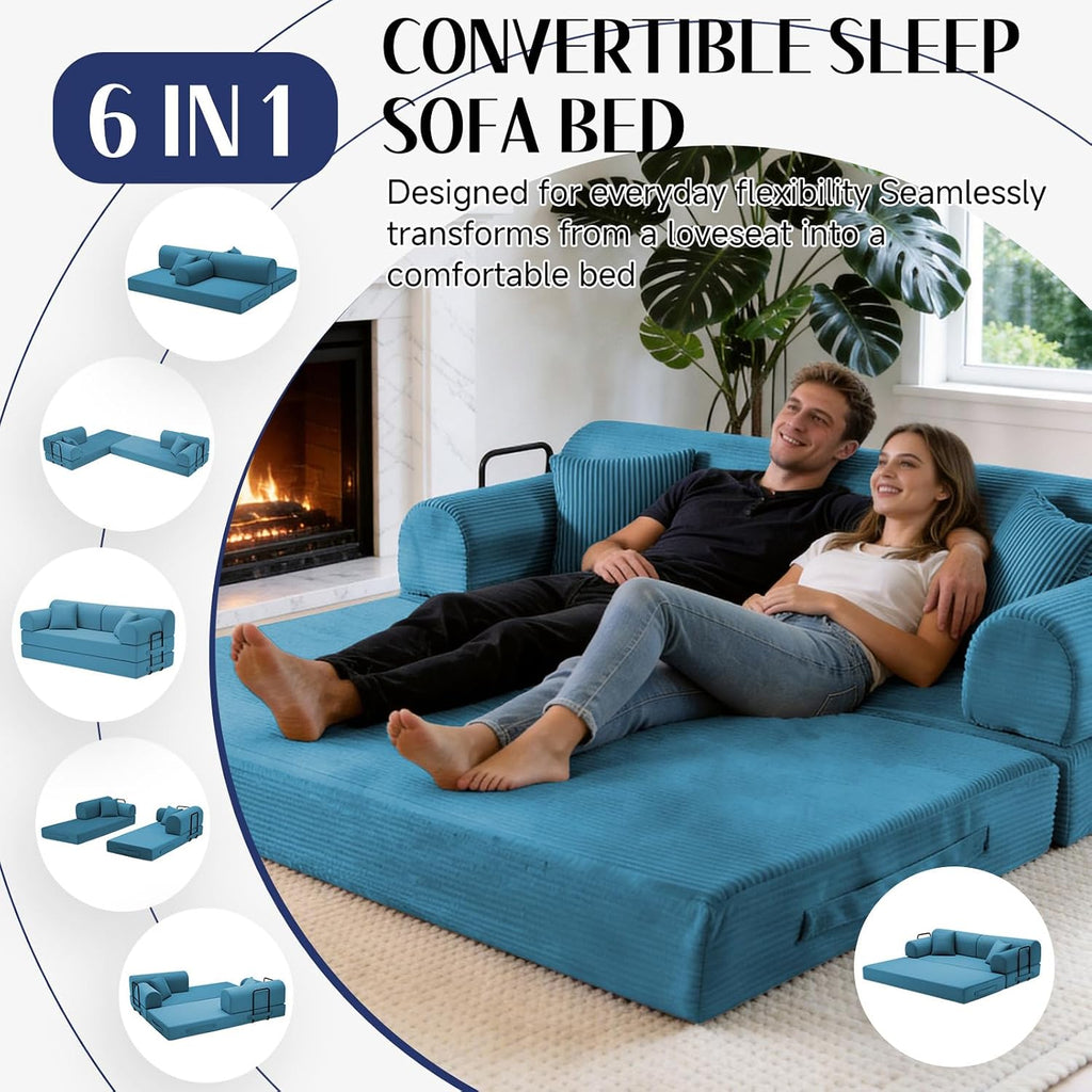 78.8' Convertible Sofa Bed with Detachable Arm Pillow, 6-in-1 Sectional Couches for Living Room, Corduroy Boneless Couch, Sleeper Loveseat Couch Bed, No Assembly, Azure Couch