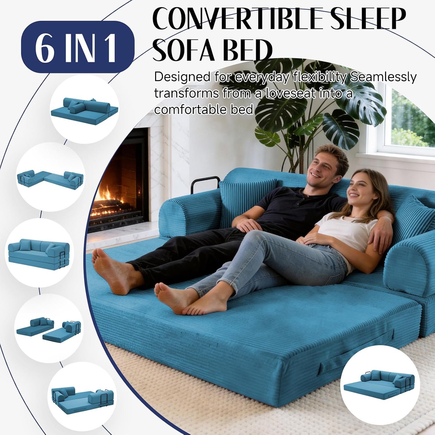 78.8' Convertible Sofa Bed with Detachable Arm Pillow, 6-in-1 Sectional Couches for Living Room, Corduroy Boneless Couch, Sleeper Loveseat Couch Bed, No Assembly, Azure Couch