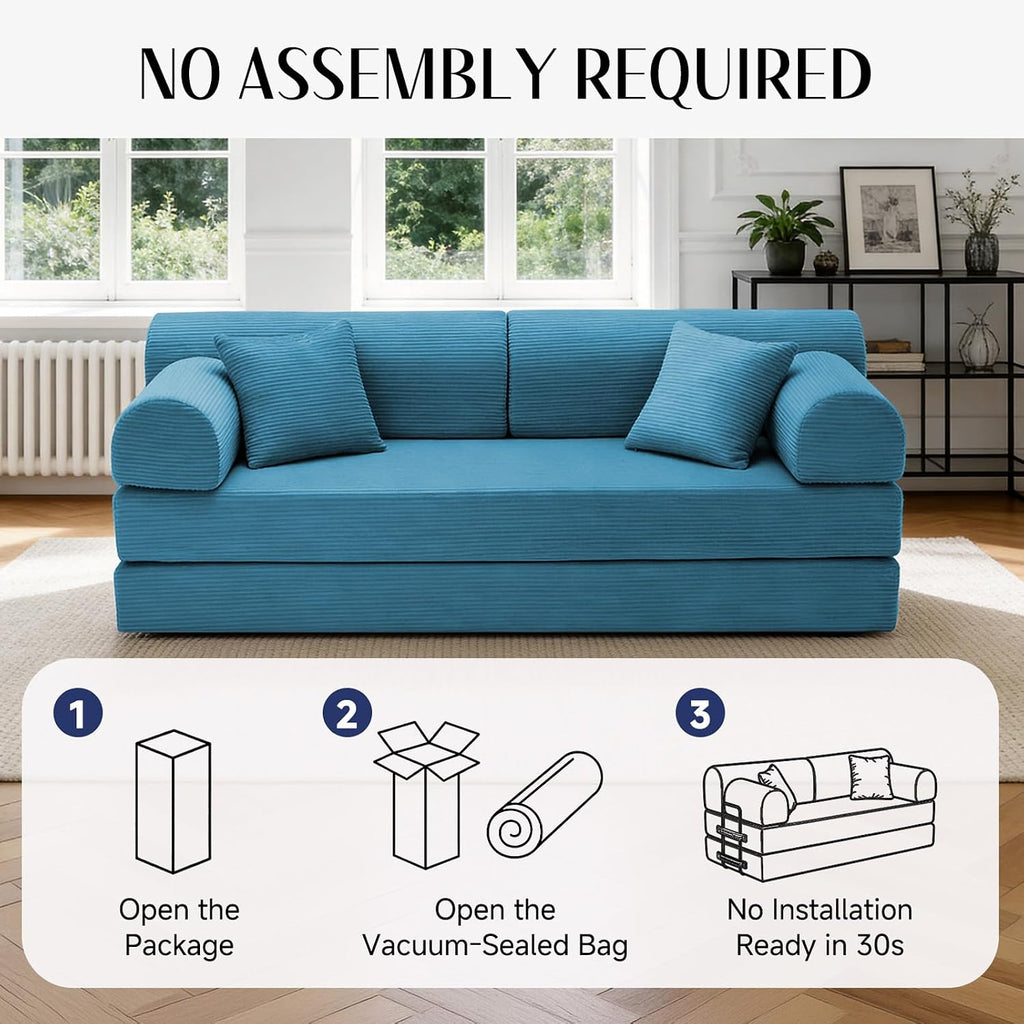 78.8' Convertible Sofa Bed with Detachable Arm Pillow, 6-in-1 Sectional Couches for Living Room, Corduroy Boneless Couch, Sleeper Loveseat Couch Bed, No Assembly, Azure Couch