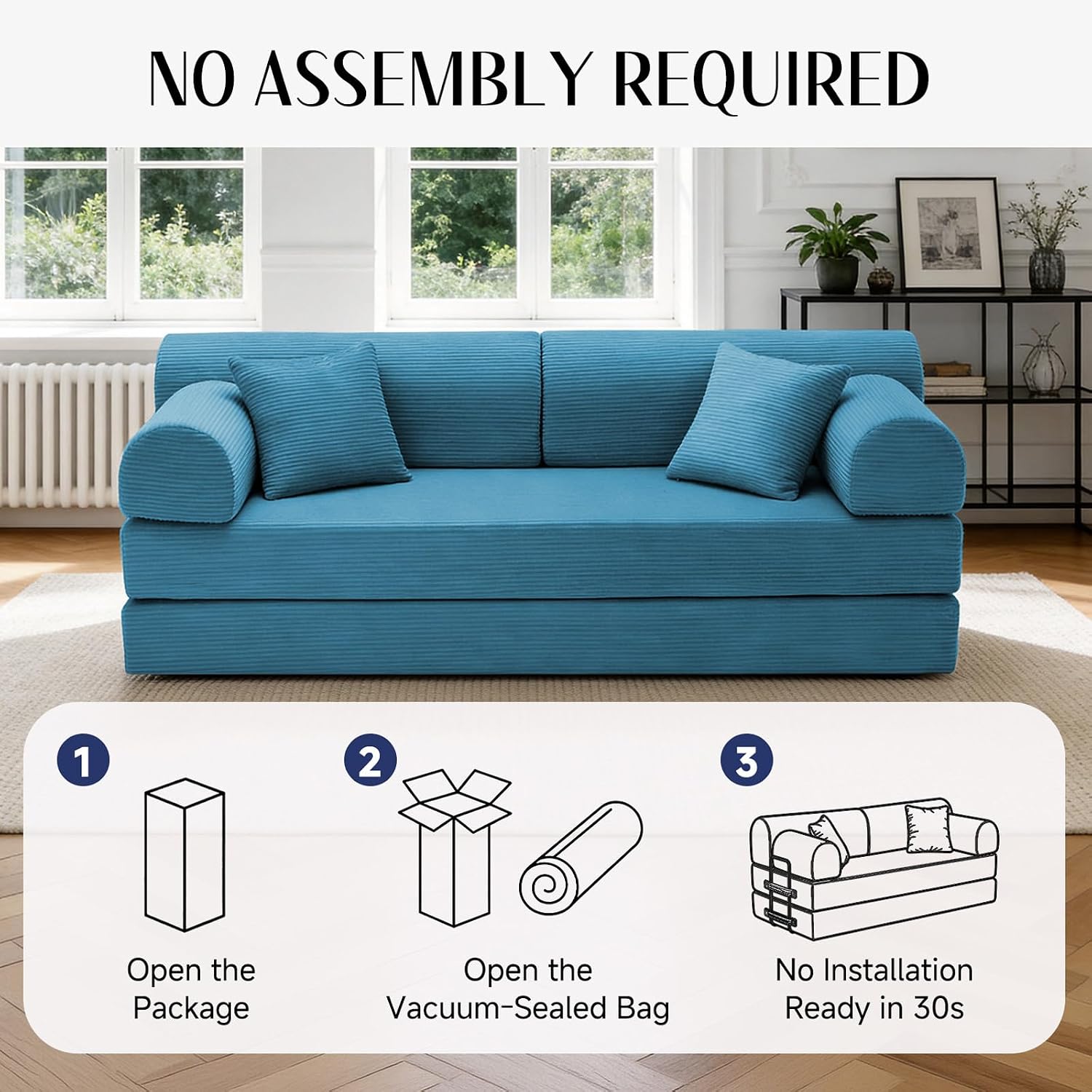 78.8' Convertible Sofa Bed with Detachable Arm Pillow, 6-in-1 Sectional Couches for Living Room, Corduroy Boneless Couch, Sleeper Loveseat Couch Bed, No Assembly, Azure Couch