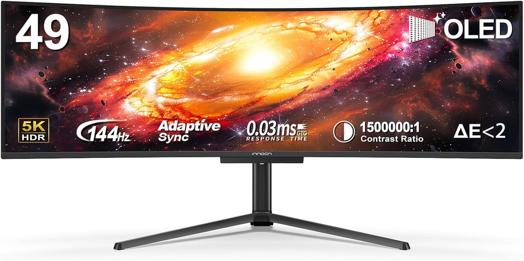 INNOCN 49' OLED Ultrawide Curved Monitor 5K2K 5120 x 1440p 144Hz, 0.03ms, Computer Monitor for AI PC, USB Type C 90W, HDMI 2.1, DisplayPort, USB Hub, Speakers, Adaptive-Sync, Adjustable Stand, Black