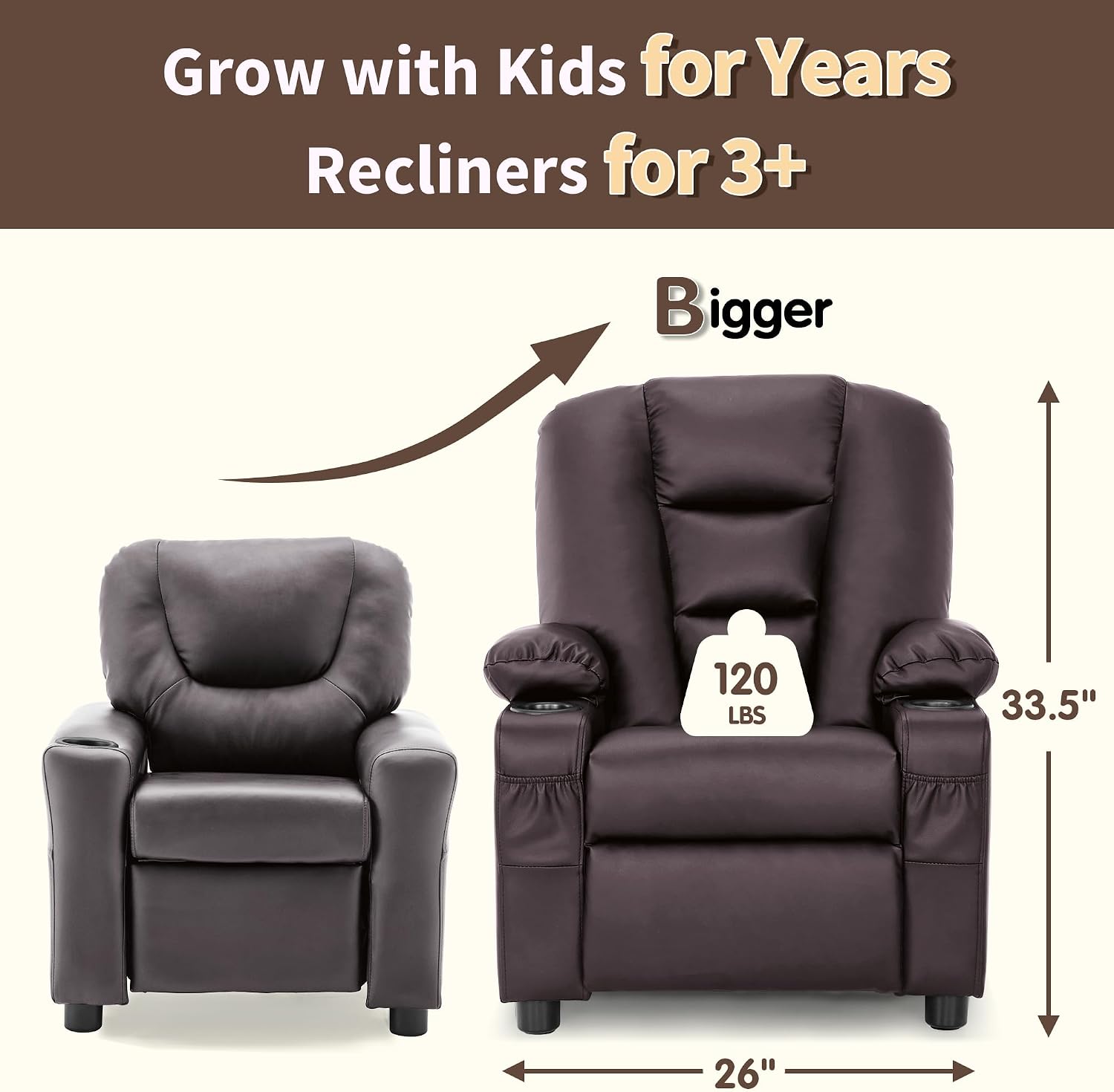 MCombo Big Kids Recliner for Ages 3+, Child Reclining Chair, Toddlers Recliner Sofa with Cup Holders, Faux Leather, 7322(Dark Brown)