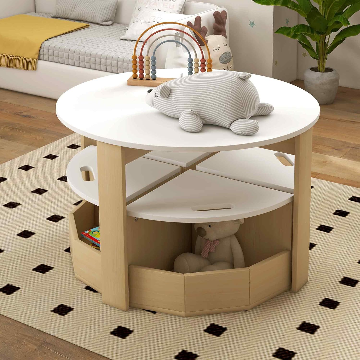 Qaba Toddler Table and Chairs Set, 5 Pieces Round Kids Activity Table with Storage for Play, Art, Craft, Drawing, Playroom, Classroom, Nursery, White