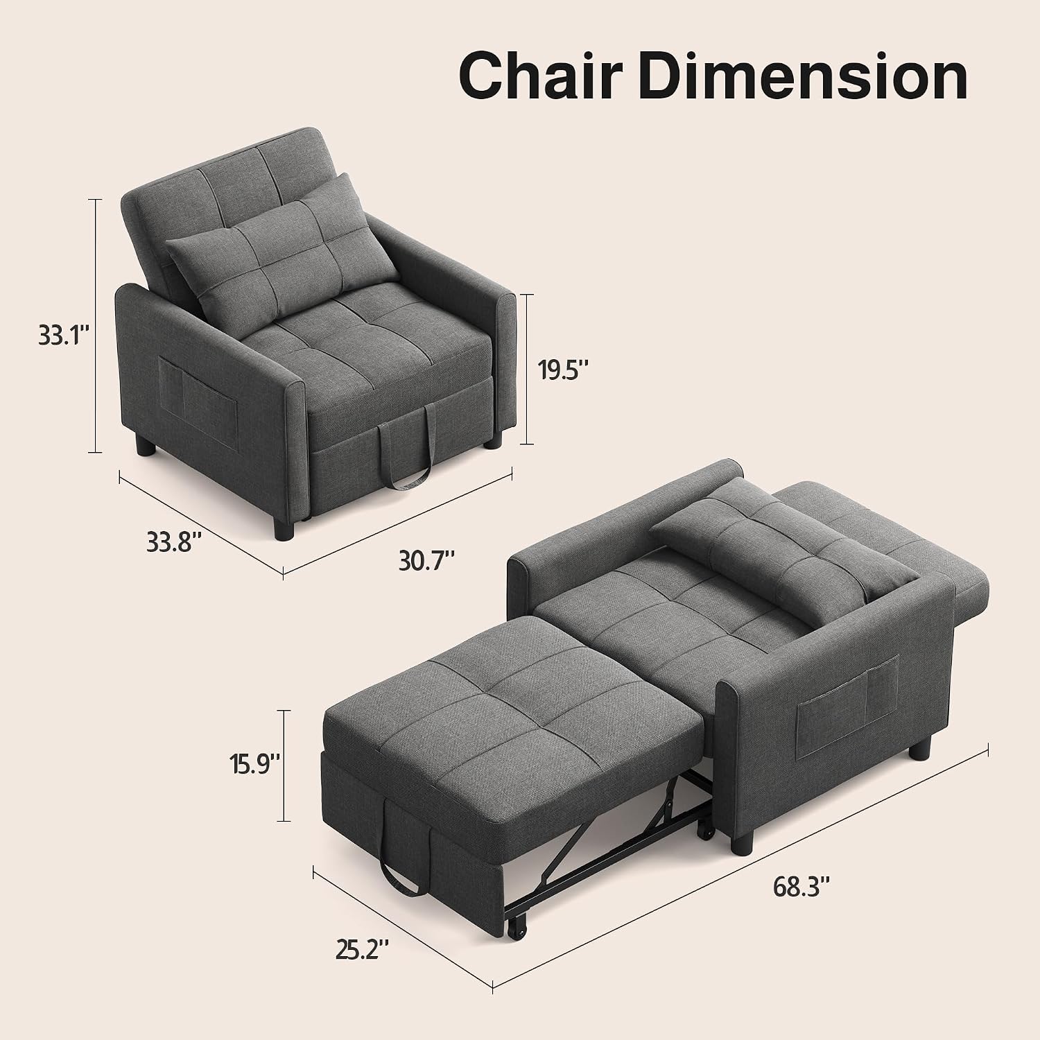 Ahomly Convertible Sofa Chair Bed, 3-in-1 Multi-Functional Sleeper Chair Bed, Adjustable Backrest Recliner with Modern Linen Fabric for Living Room Bedroom Apartment Small Space, Dark Grey