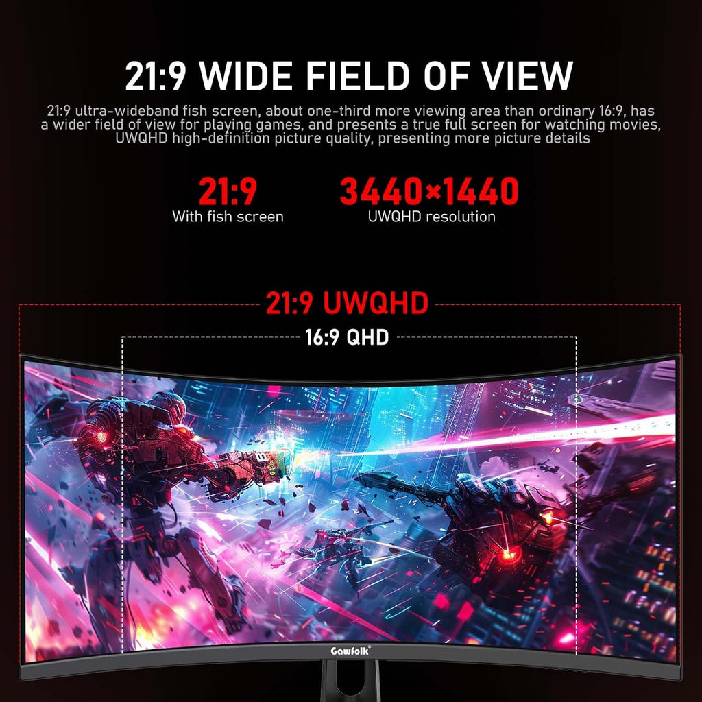 Gawfolk 34 Inch Ultrawide Curved 200Hz Gaming Computer Monitor,1500R PC Screen 21:9 UWQHD (3440x1440),120% sRGB,Adaptive Sync,Built-in Speaker,HDMI、Display Port,Compatible with Wall mounting-Black