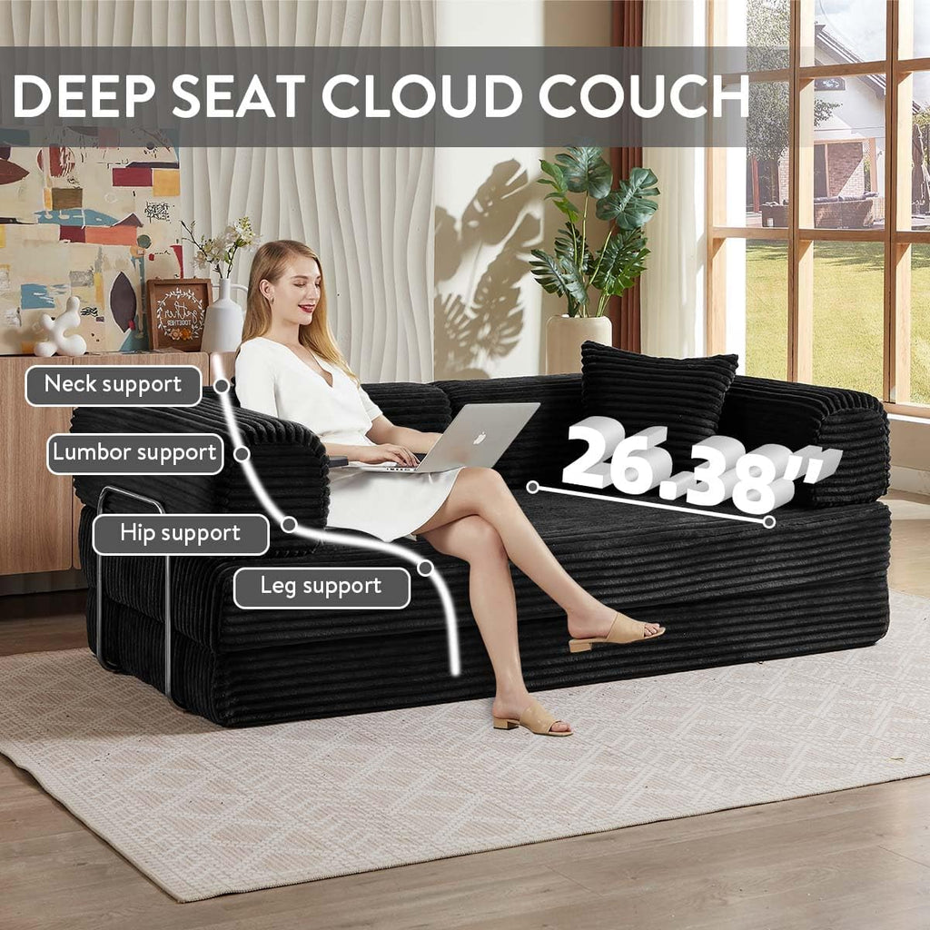 81 Inch Convertible Folding Sofa Bed,Fold Out Floor Sofa Couch with Fixed-Shape Frame,Corduroy Foldable Mattress Cloud Couch for Living Room Bedroom (Black)