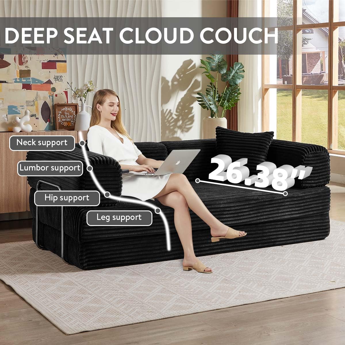 81 Inch Convertible Folding Sofa Bed,Fold Out Floor Sofa Couch with Fixed-Shape Frame,Corduroy Foldable Mattress Cloud Couch for Living Room Bedroom (Black)