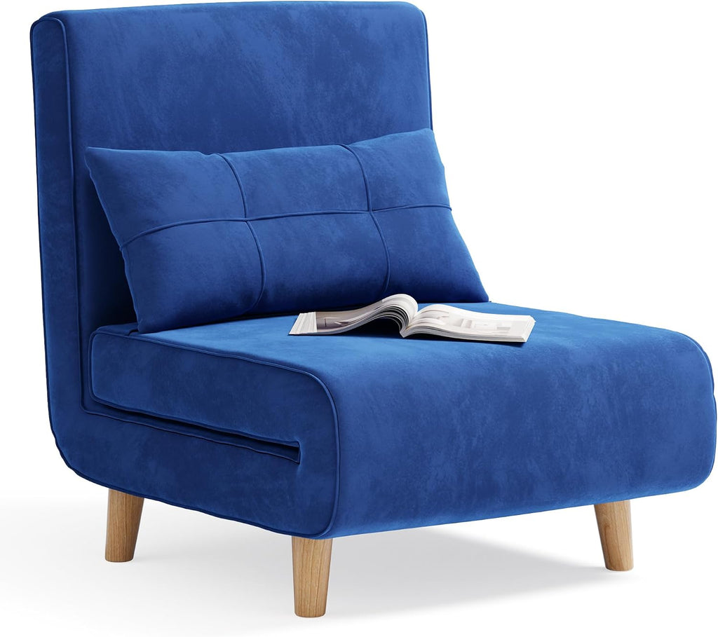 Aiho 3 in 1 Sleeper Chair, Convertible Futon Chair Bed, Velvet Sofa Bed with Adjustable Backrest, Living Room Chair for Apartment/Bedroom/Guest Room, Blue