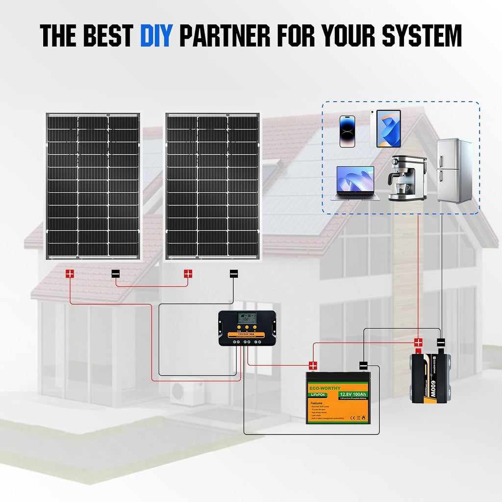 ECO-WORTHY 200 Watt Bifacial Solar Panel 2pcs 100 Watt Monocrystalline Solar Panel Module Off Grid PV Power for Home, Camping, Boat, Shed Farm, RV,12V/24V Battery